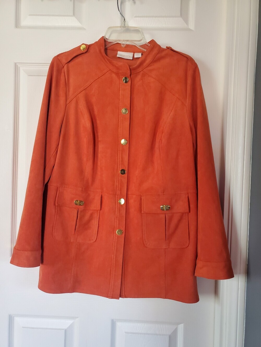 Chico’s Burnt Orange Faux Suede Utility Jacket Golden Front Buttons Elegant Sz 3